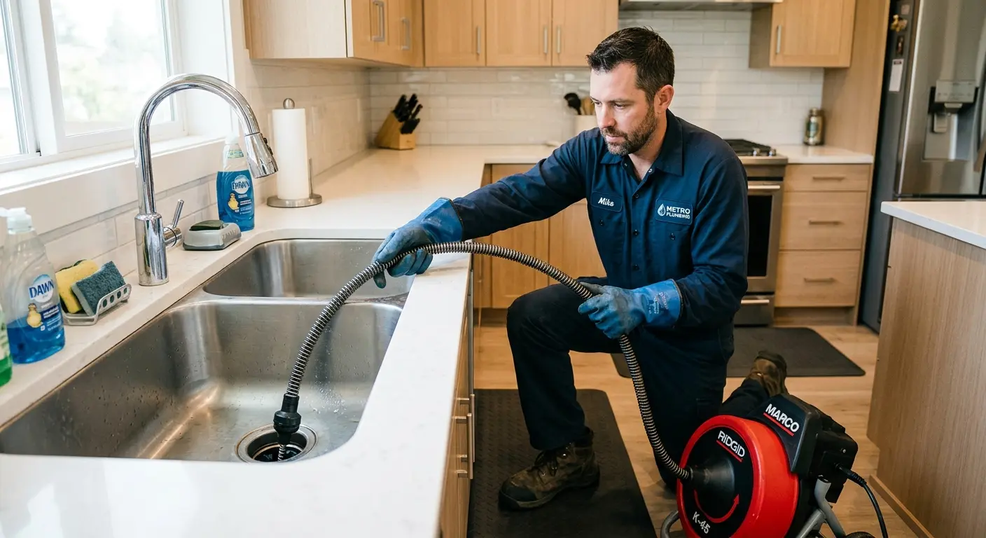 Drain cleaning technician using a motorized snake on a kitchen sink in Mountain Brook