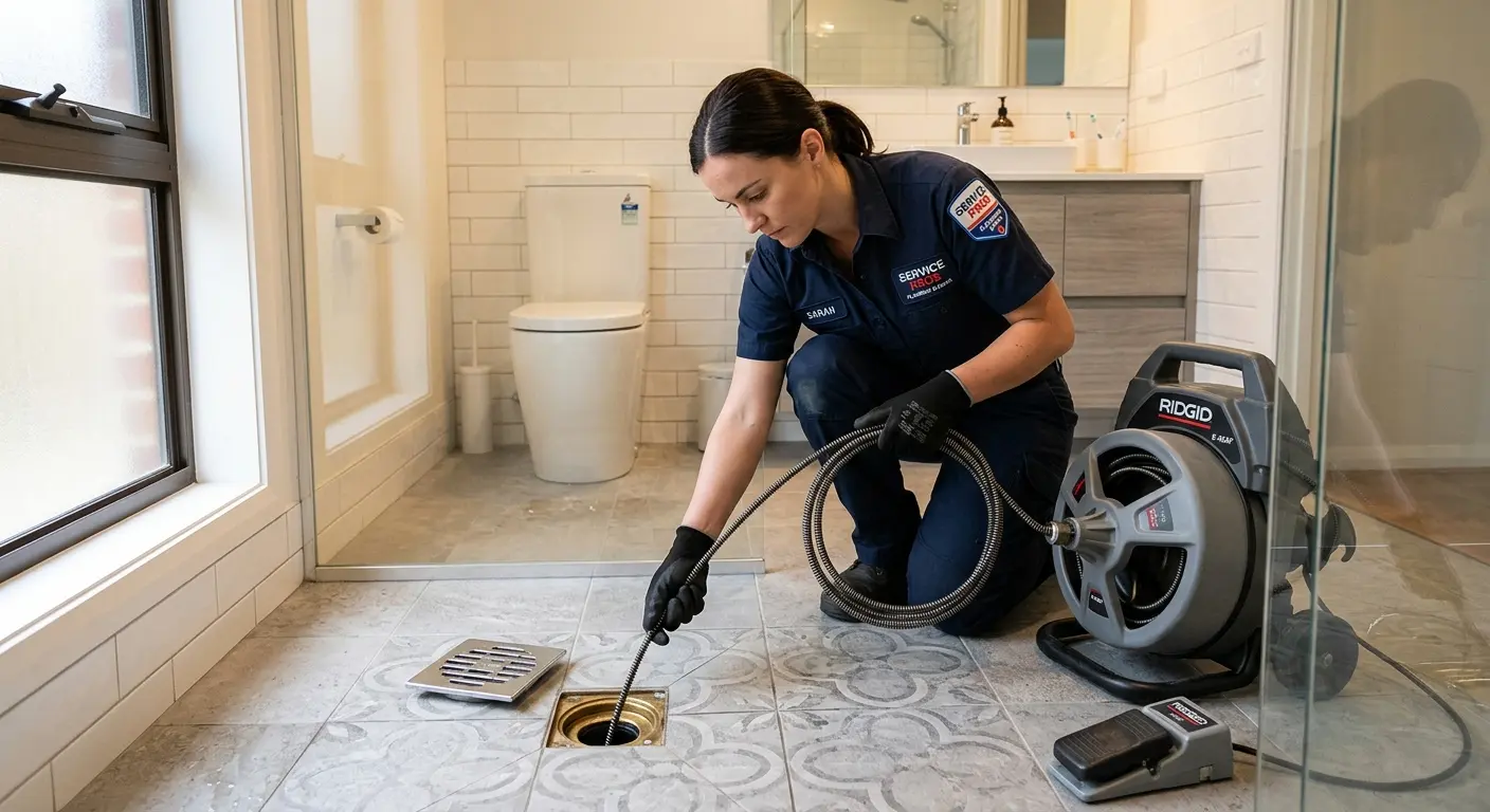 Technician clearing a bathroom floor drain for Clogged Drain Repair in Mountain Brook